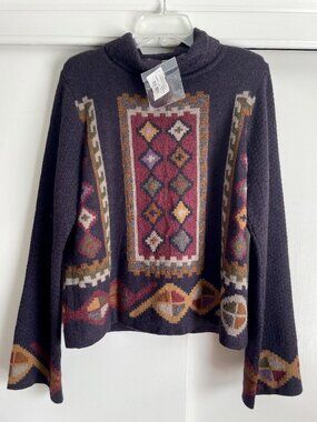 Peruvian Connection Alpaca Carpet Motif Turtleneck Bell Sleeve Sweater L Vintage